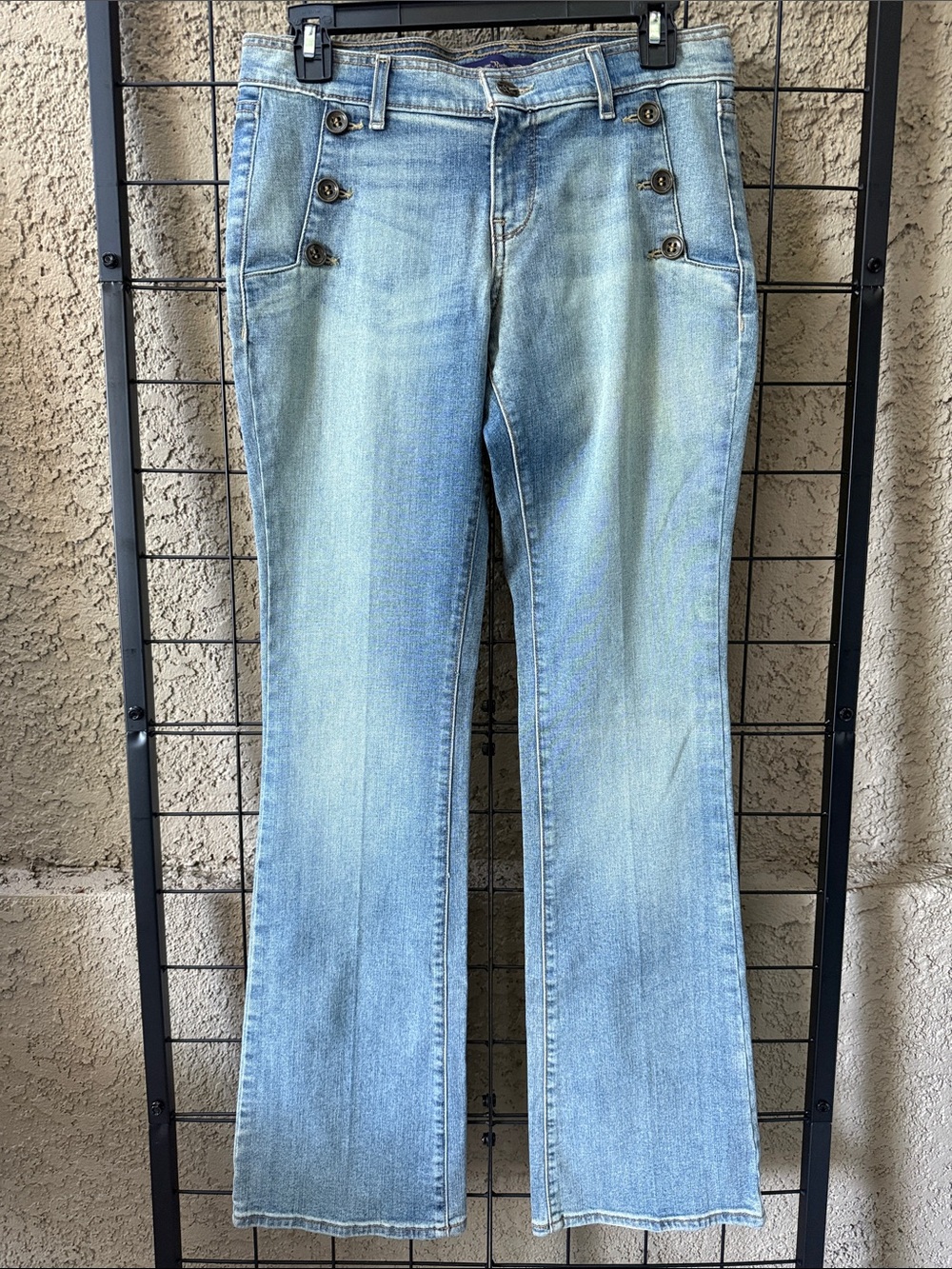 Light Blue Women's Flare Jeans with Button Accent